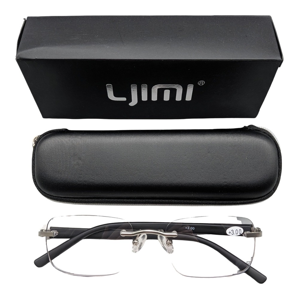 YIMI Rimless Bifocal Reading Glasses +3.00 Black Silver Blue light blocking Men